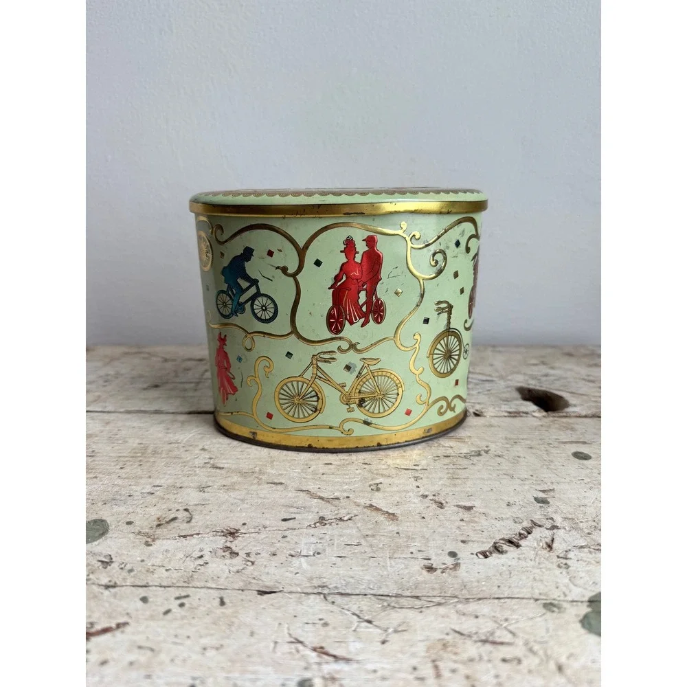 Vintage Baret Ware Art Grace Oval Tin England Victorian Bicycle Graphics Green